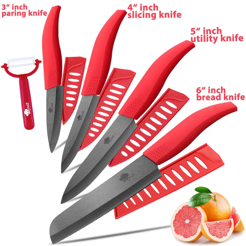 Керамический нож 3, 4, 5 дюймов+ 6 дюймов, кухонные ножи, набор для хлеба с зубцами+ Овощечистка, циркониевый черный нож, нож для шеф-повара, Vege, инструмент для приготовления пищи - Цвет: 3456 INCH RED BREAD