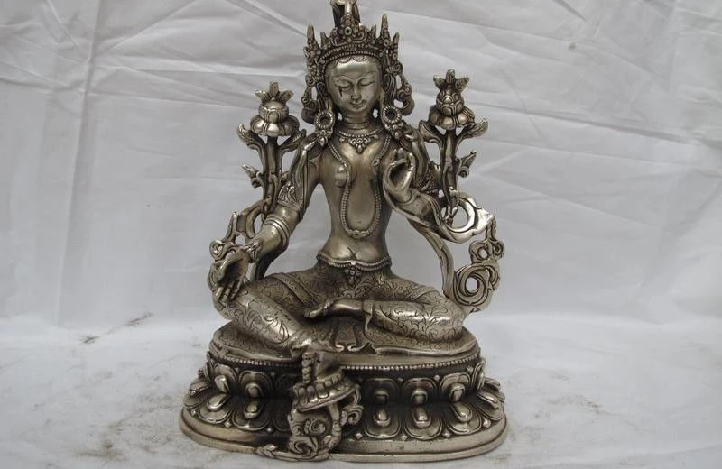 

8"Tibet White Bronze Silver Lotus Green Tara Kwan-Yin Buddha Statue