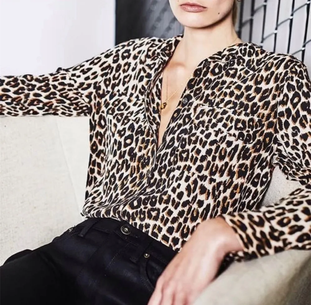Натуральный шелк, блузка с животным принтом, леопардовая рубашка, шифоновая блуза, женская сексуальная блуза с v-образным вырезом, высокое качество, подиумная блуза