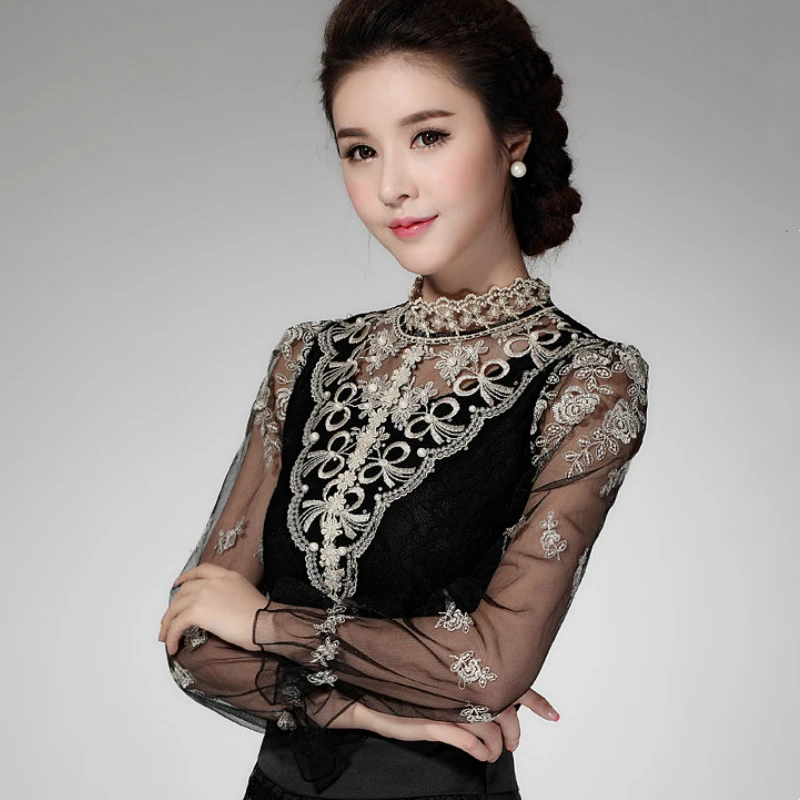 

plus size women blouse sexy hollow lace blouse shirt fashion womens tops and blouses 2019 long sleeve women shirts blusas A923