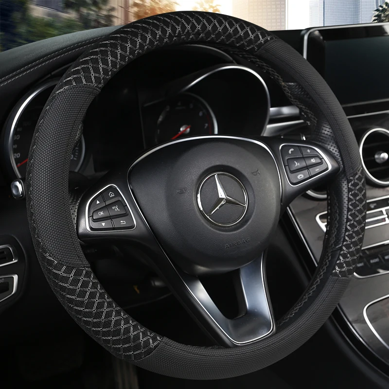 

KKYSYELVA Car Interior Accessories Black Auto Sports Steering Wheel Cover Leather 38cm Vehicle Truch Steering Covers