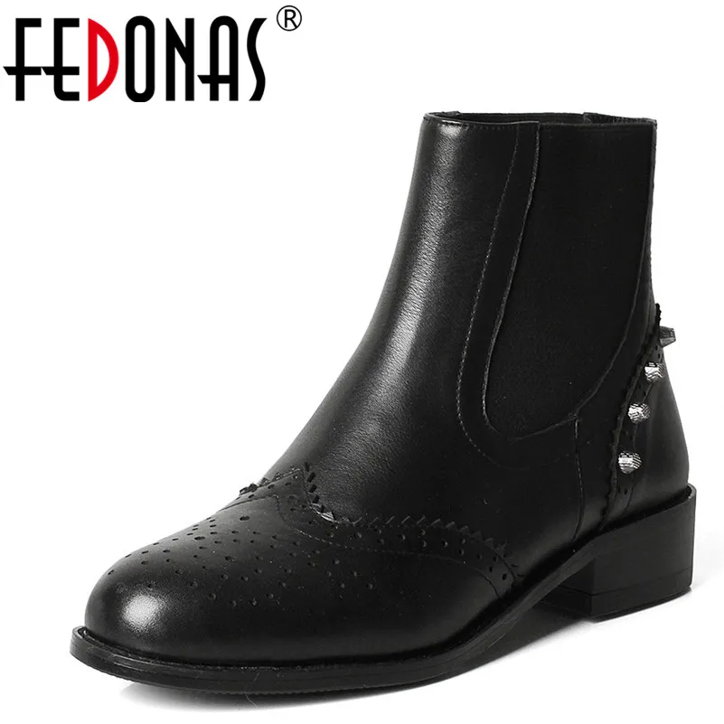 

FEDONAS1Fashion Women Ankle Boots Autumn Winter Warm Genuine Leather Square Heels Shoes Woman Punk Rivets Decoration Basic Boots