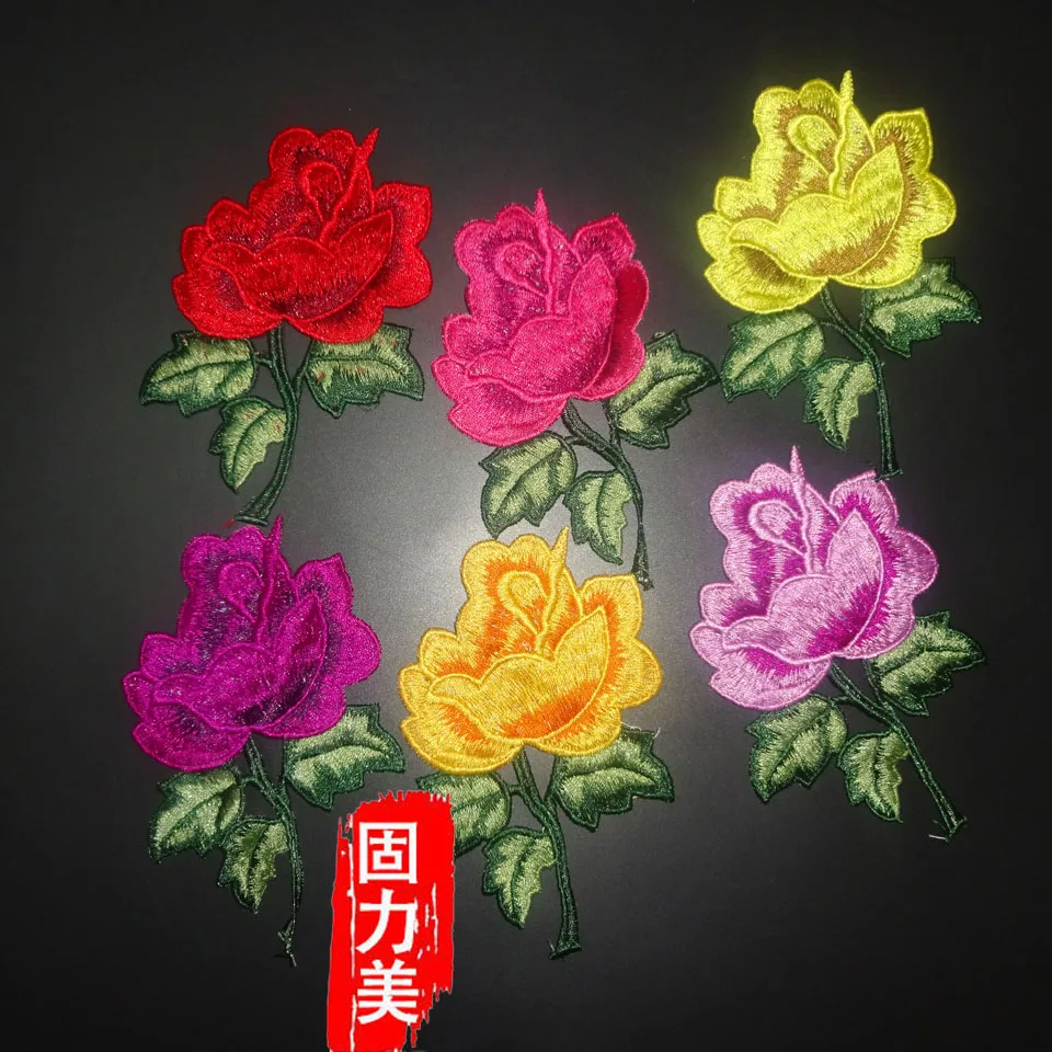

4pc Soluble rose peony Flower Floral Embroidered Lace Trim Applique Fabric patch purple rose red yellow orange