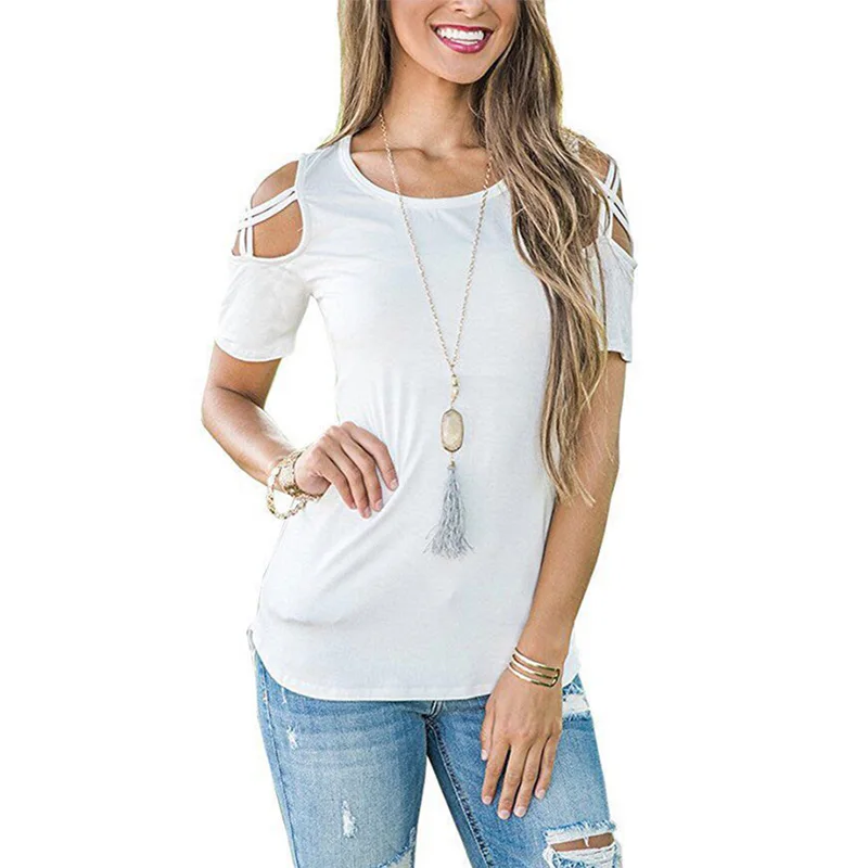 

Summer Europe and America solid color hole casual loose short-sleeved women's fashion round neck casual women's T-shirt quality