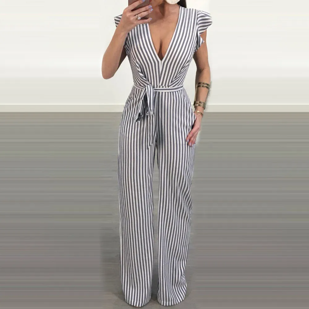 

2019 most fashion sexy Women Summer V-Neck Strap stripe Cotton Casual Loose Long Wide Leg Overalls Jumpsuits Mono #4