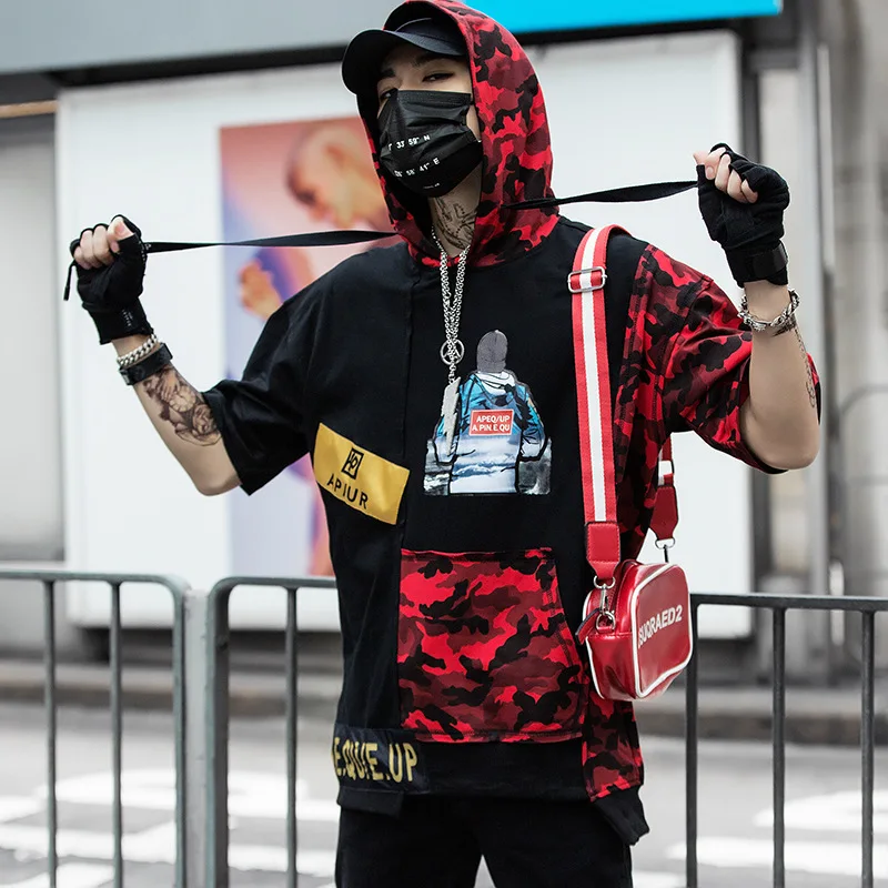 

Harajuku Patchwork Hooded T-shirts Men 2019 Summer Hip Hop Sweatshirt Streetwear Color Block Tops Tees for Male ZC008