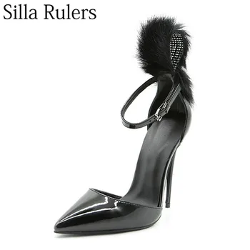 

Silla Rulers 2018 Black Genuine Leather Super High Pumps Women Sexy Pointed Toe One Strap Shallow Women High Heels Party Shoes