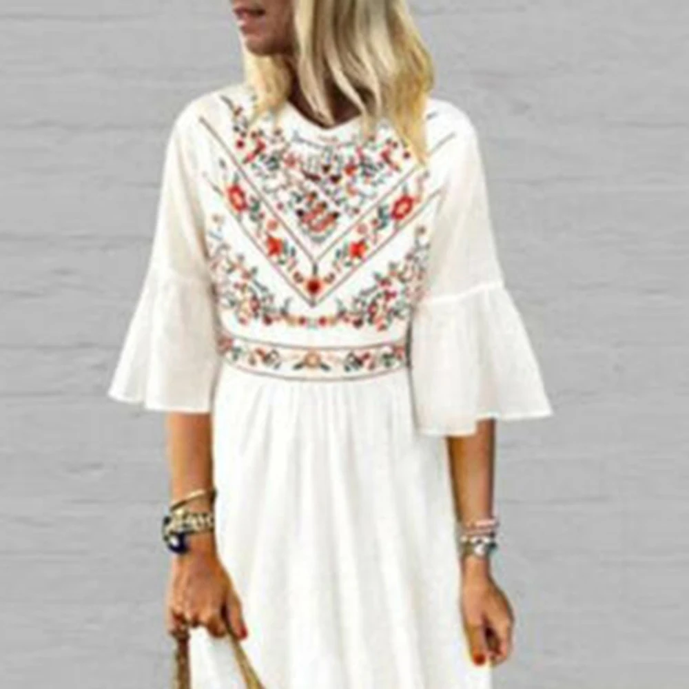 

Summer Women Mid-Sleeve Printed Splicie A-line Dress Casual Elegant Dresses Cotton Ruffle Sleeve V Neck White European American