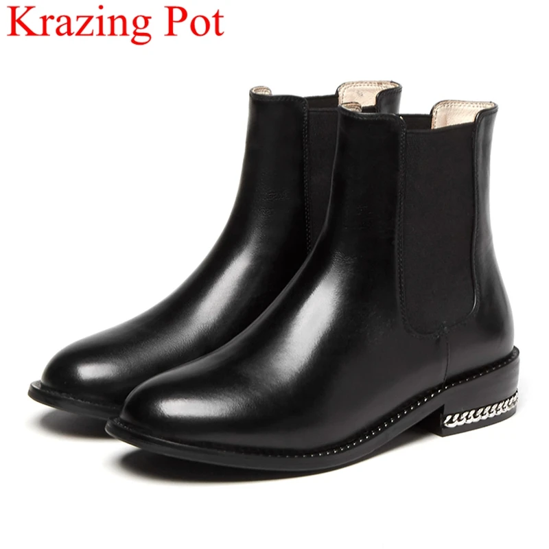 

2018 superstar round toe slip on ankle boots elegant Chelsea boots brand med heel chain motorcycle boots solid winter shoes L71