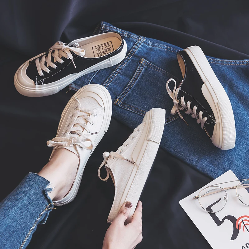 

Women White Sneakers Slip on Loafers Lace Up Solid Color Half-slipper White Shoe Female Summer New Student Korean Lazy Shoes