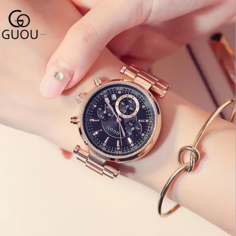 

GUOU Clock Brand Luxury Rose Gold Watch Women Watches Auto Date Women's Full Steel Clock saat relogio feminino montre gifts