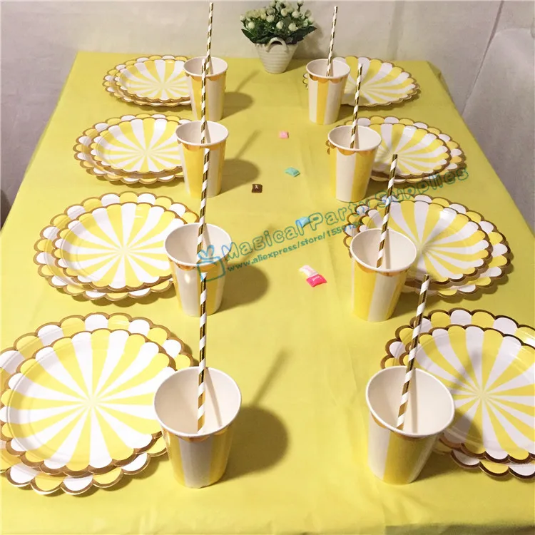40 People Yellow with Foil Gold Disposable Tableware Set Paper Plates