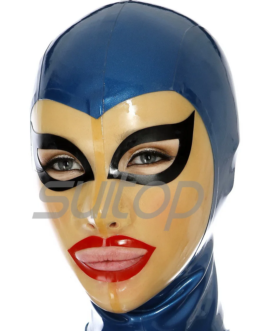 

Suitop free shipping rubber fetish mask sexy latex hood in black ,clear and redcolor