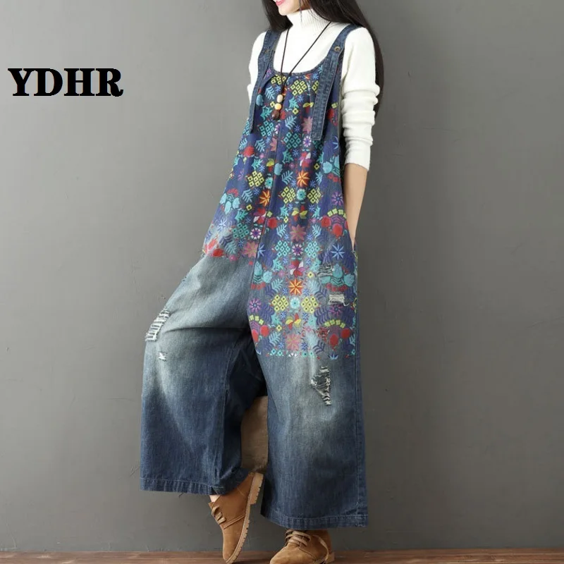 

Wide Leg Bib Denim Overalls 2019 Women Vintage Printed Flower Jeans Jumpsuits Female Large Size Drop Crotch Denim Rompers