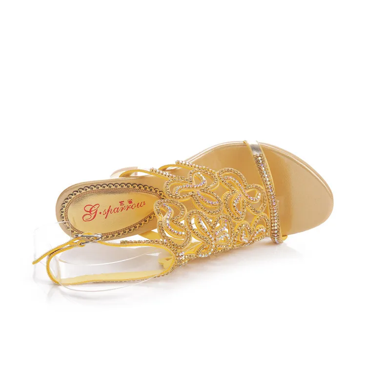 2016 Summer New Diamond Sandals Female Chunky Heeled High Heels Crystal Fashion Womens Large Size Shoes 11 Gold Silver Black-25