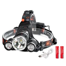 Высокая Яркость LED зарядка через USB налобный фонарь 1* T6+ 2* R2 LED Водонепроницаемый Перезаряжаемые свет 4 режима факел для кемпинг+ кабель USB