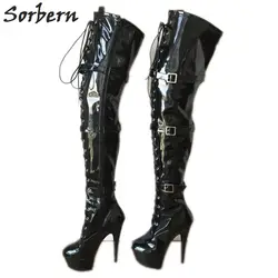 Sorbern 15 см на платформе 60 см до середины бедра на шнуровке сапоги Для женщин в готическом стиле панк Косплэй Фетиш сапоги патент
