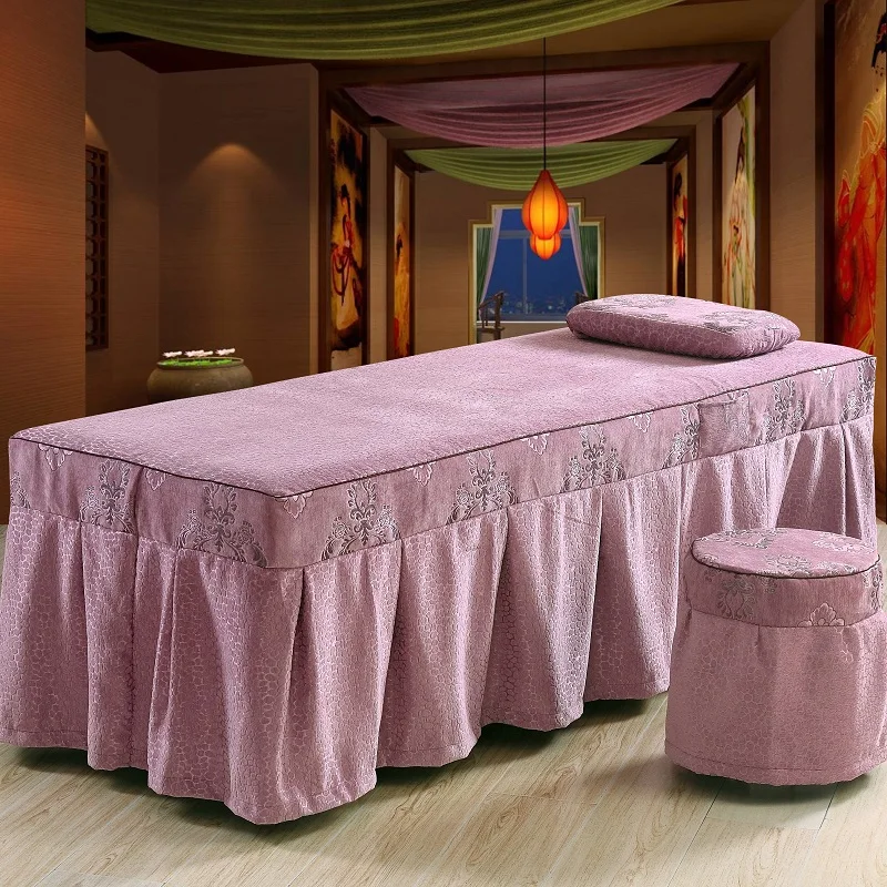

One Piece Customized Size Chenille Embroidey Beauty Salon Bedspread Top Grade Beauty Bed Skirt 70*190cm with Hole Purple Brown