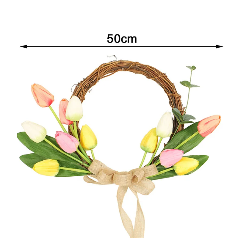 

Artificial Tulip Rattan Wreath Fake Flower Linen Home Door Window Wall Hanging Pendant Garland for Party Event Supply Wreath