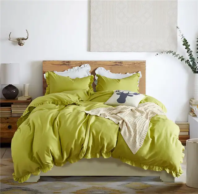 Exquisite Olive Green Bedding Set With Ruffles Duvet Cover Set