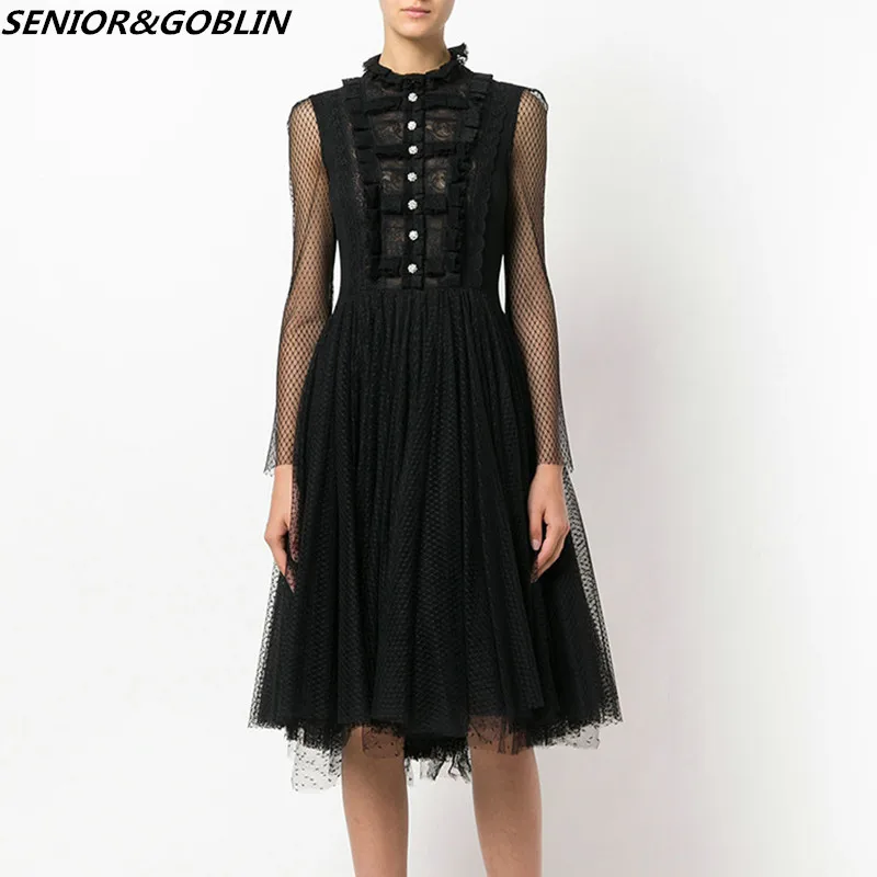 

2018 New Spring Autumn Luxury Runway Women's Party Dress Vestidos Clothes Fashion Style Sexy Slim Waist Elegant Lace Mesh Dress