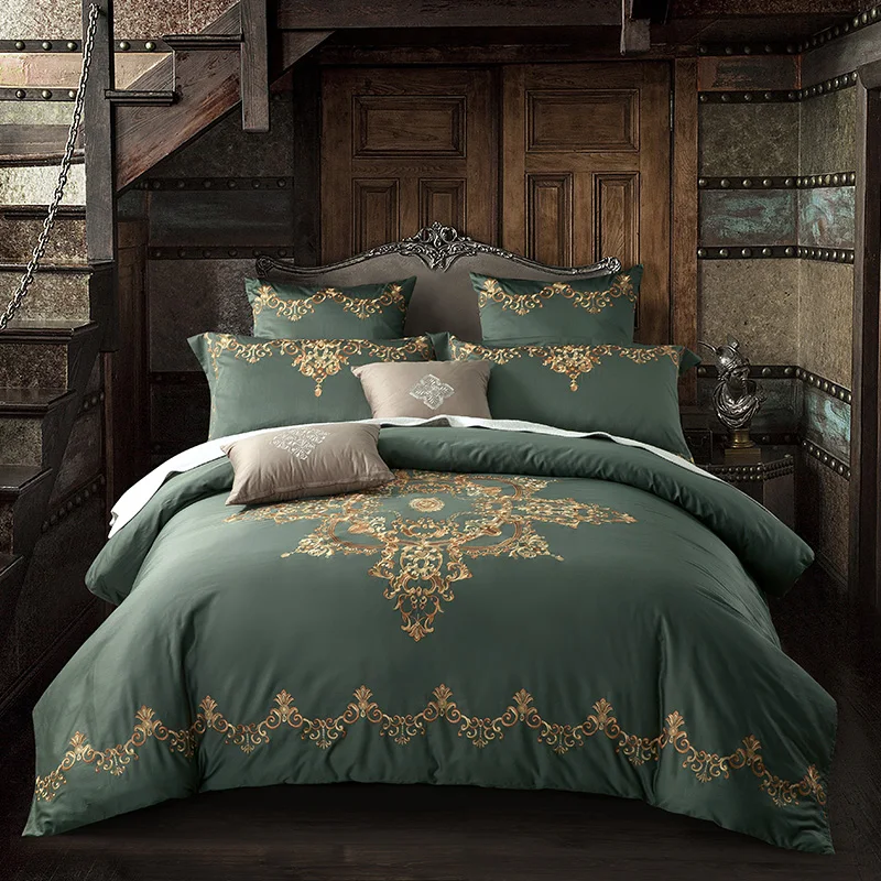 Waliicorners 60SEgyptian Cotton Embroidered Luxury Royal Bedding Set 4/6Pcs King Queen Size Duvet Cover Bed Sheet set Decorative Pillowcases 18 8