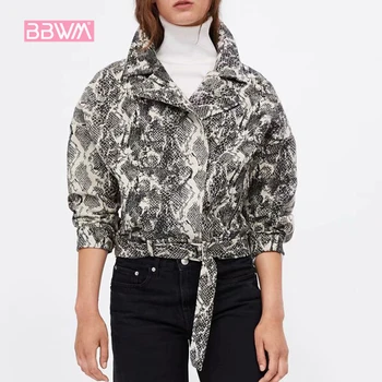 

Exquisite women's 2018 winter new fashion wild long-sleeved lapel snake print women's jacket Slim short