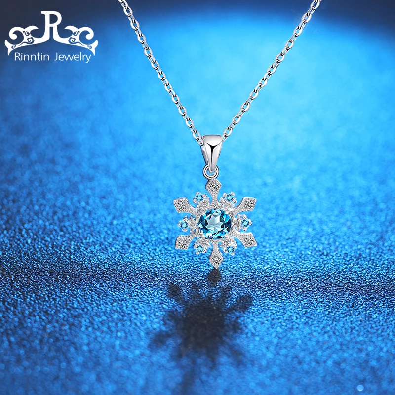 Rinntin Pure 925 Sterling Silver Women Necklaces With Chain Blue AAA Dazzling Zircon Snowflake Shape Pendant For Female PSN15 Fine Jewelry