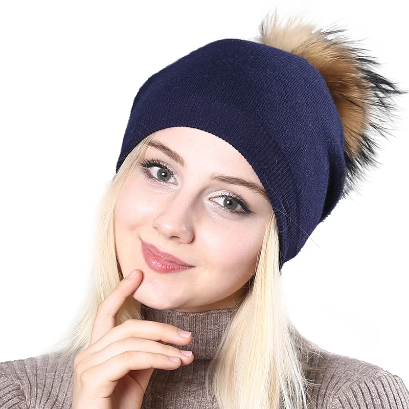 Женские зимние шапки-бини из натурального меха с помпонами, шерстяные вязаные толстые теплые шапки-бини с подкладкой, модные женские Лыжные шапки с помпонами