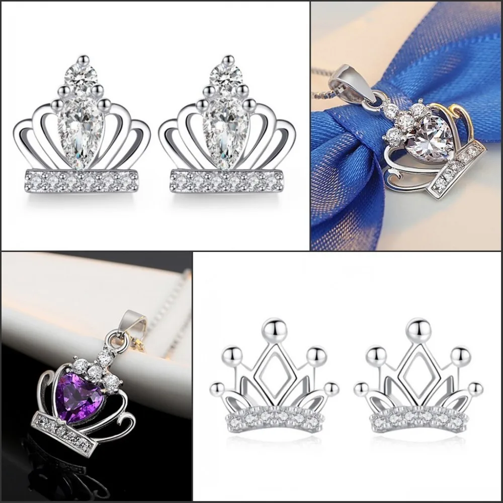 

Luxury Woman Purple White Crystal Crown Stud Earrings Necklace Set Exquisite Girl Princess Party Gift Silver Plated Jewelry Sets
