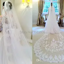 Винтажная белая слоновая кость для новобрачных вуаль длинная Однослойная свадебная вуаль Длина собора аппликация из кружевного тюля края свадебная вуаль