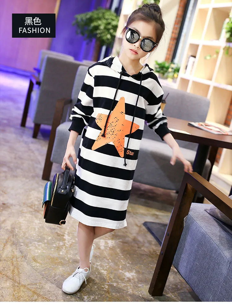 hooded long t shirts dresses for teenage baby girls autumn striped star printed dress clothing kid casual long sleeve dress baby (8)