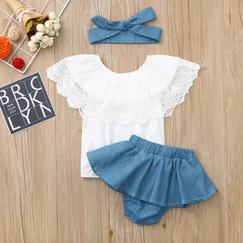 

Newborn Baby Girl Outfit Lace Ruffled Top+Demin Shorts Dress+Headband Clothes Erkek Cocuk Kiyafetler Baby Girl Clothes Summer