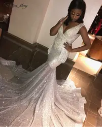 Блестящие серебряные с блёстками с изображением русалки Африканское платье для выпускного 2019 длинное платье со шлейфом для кристалльное с