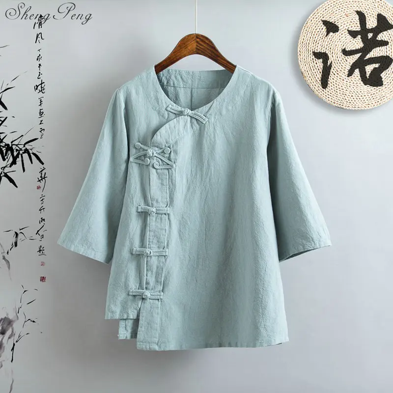 Льняная рубашка женская льняная одежда cheongsam топ китайский стиль воротник стойка блузки сплошной цвет льняная рубашка Q166 - Цвет: 2