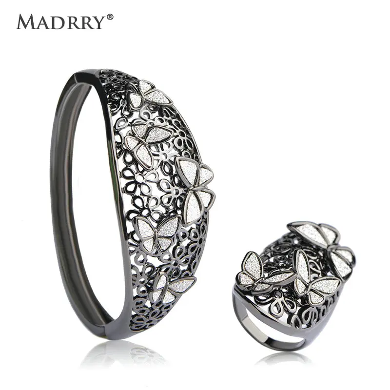 

Dubai Jewelry Sets Butterfly Hollow Bangles Rings For Women Party Bijouterie Black Gun Plated Flower Pulseiras Wide Aneis India