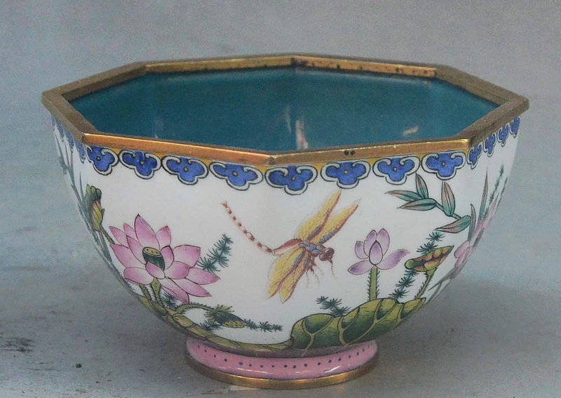 

4" Rarest Marked China Cloisonne Bronze Gilt Dragonfly Lotus Flower Frog Bowl
