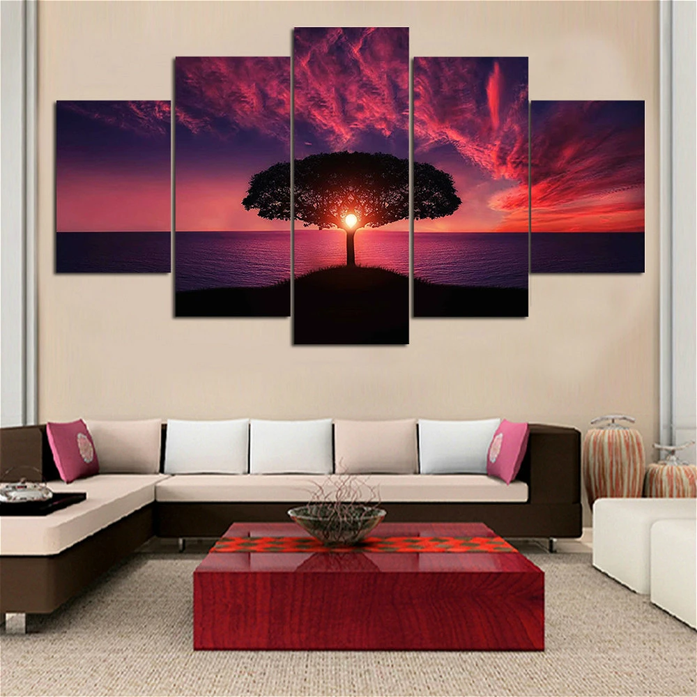 

Gift Tree Under Sunset Glow Landscape Modular Painting Print Canvas Lagre Wall Art Decor Picture For Living Room High Quality