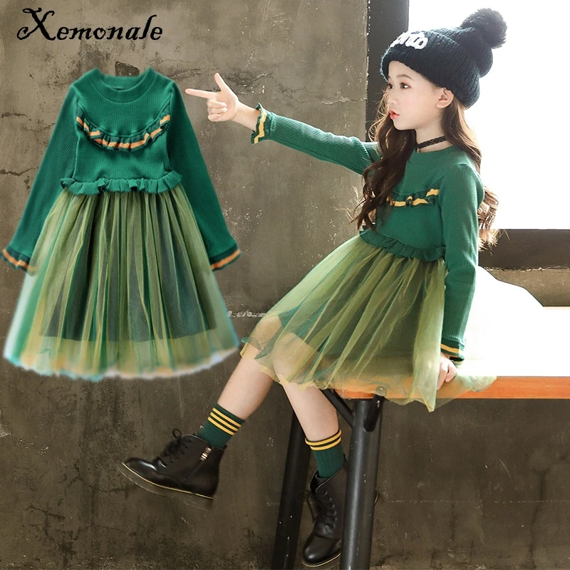 

Xemonale Children's 2018 Autumn New Girl knitted Sweater Dress, Long Sleeved Knee length splicing Princess Dress 4-8 years
