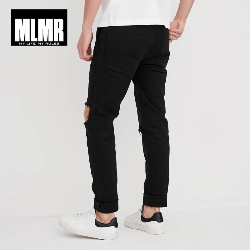 MLMR мужские эластичные хлопковые черные рваные повседневные брюки M | 218114564|Узкие