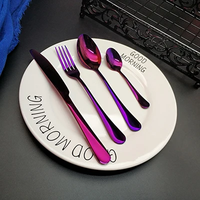Лидер продаж 4 шт. Радужная посуда кухонный нож из нержавеющей стали вилка столовая ложка посуда набор столовых приборов Прямая - Цвет: purple