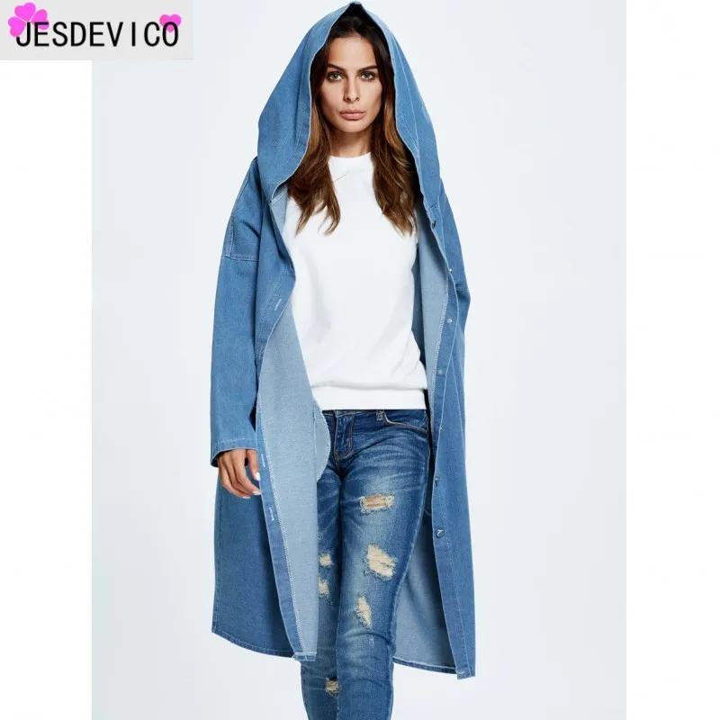 

New Hooded Jacket Jean Woman Large Size Cloak Denim Windbreaker 2019 Spring Autumn New BF Denim Jacket Female Long Loose Coat