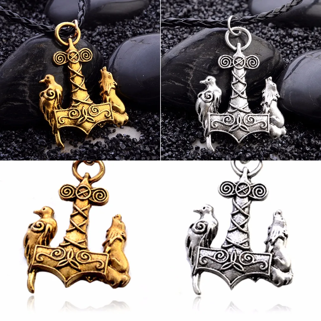 Nordic Viking Wolf & Raven Bird Ancient Jewelry Black Leather Necklace