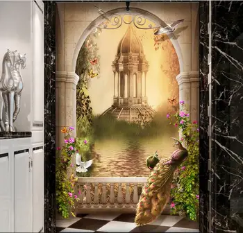 

Custom photo 3d wallpaper Non-woven mural picture wall sticker 3 d Rural pavilion peacock porch painting Living room decoration