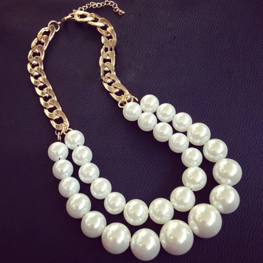 Двухслойная грубая цепочка из нержавеющей стали, жемчужное ожерелье большого размера, имитация жемчужных бусин, ожерелье, короткие цепочки, ожерелье для женщин