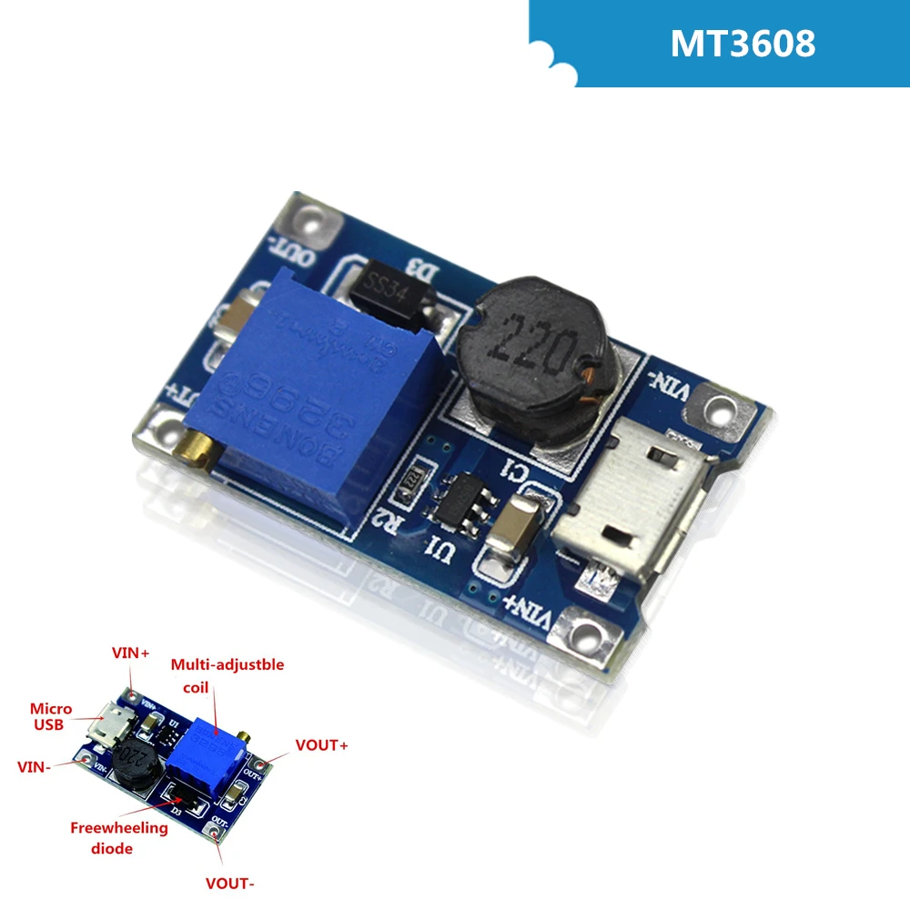 

DC-DC Adjustable Boost Module 2A Boost Plate 2A Step Up Module with MICRO USB 2V - 24V to 5V 9V 12V 28V MT3608 LM2577