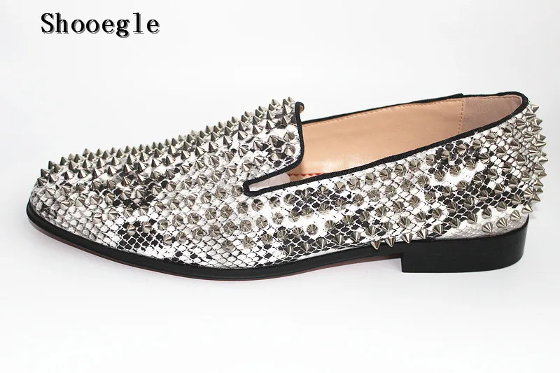 SHOOEGLE Snakeskin Spikes Shoes Men Slip-on Loafers with Rivets Low Heeled Men's Flats Driving Moccasins Mens Espadrilles | Обувь