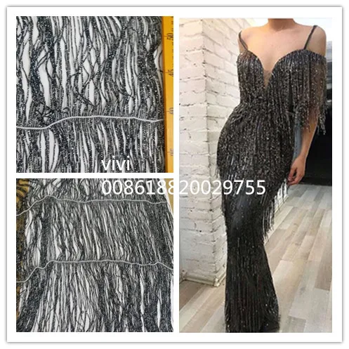 

po001# 10yards black silver polyester tassel fringe 55cm width for decoration dress/fashion designer