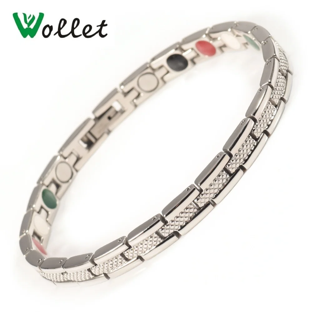 

Wollet Jewelry Health Care Magnetic Therapy 5 in 1 Stainless Steel Bracelet Bangle For Women Silver Color Healing Energy