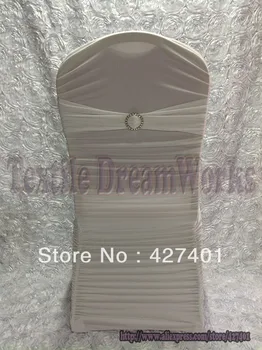 

Hot Sale New products in August White Ruffle Spandex Chair Cover Whit Round Rhinestone Brooches For Wedding Decoration